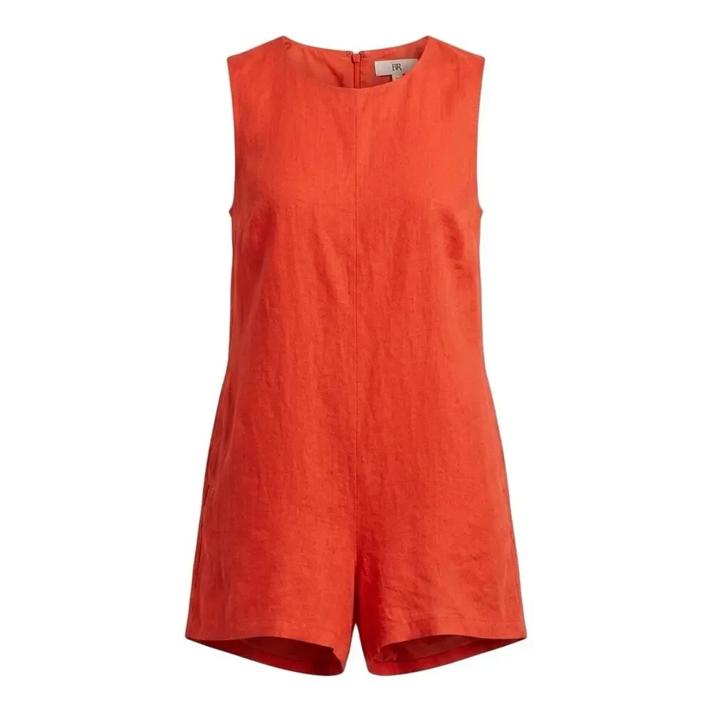Banana Republic 100% Linen Romper XS Coral Sunset Red Sleeveless Summer Coastal